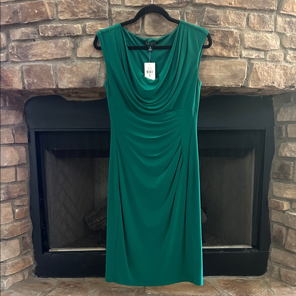 NWT Elegant Emerald Green Sleeveless Dress W/Drape Neckline And Ruching Side. 8